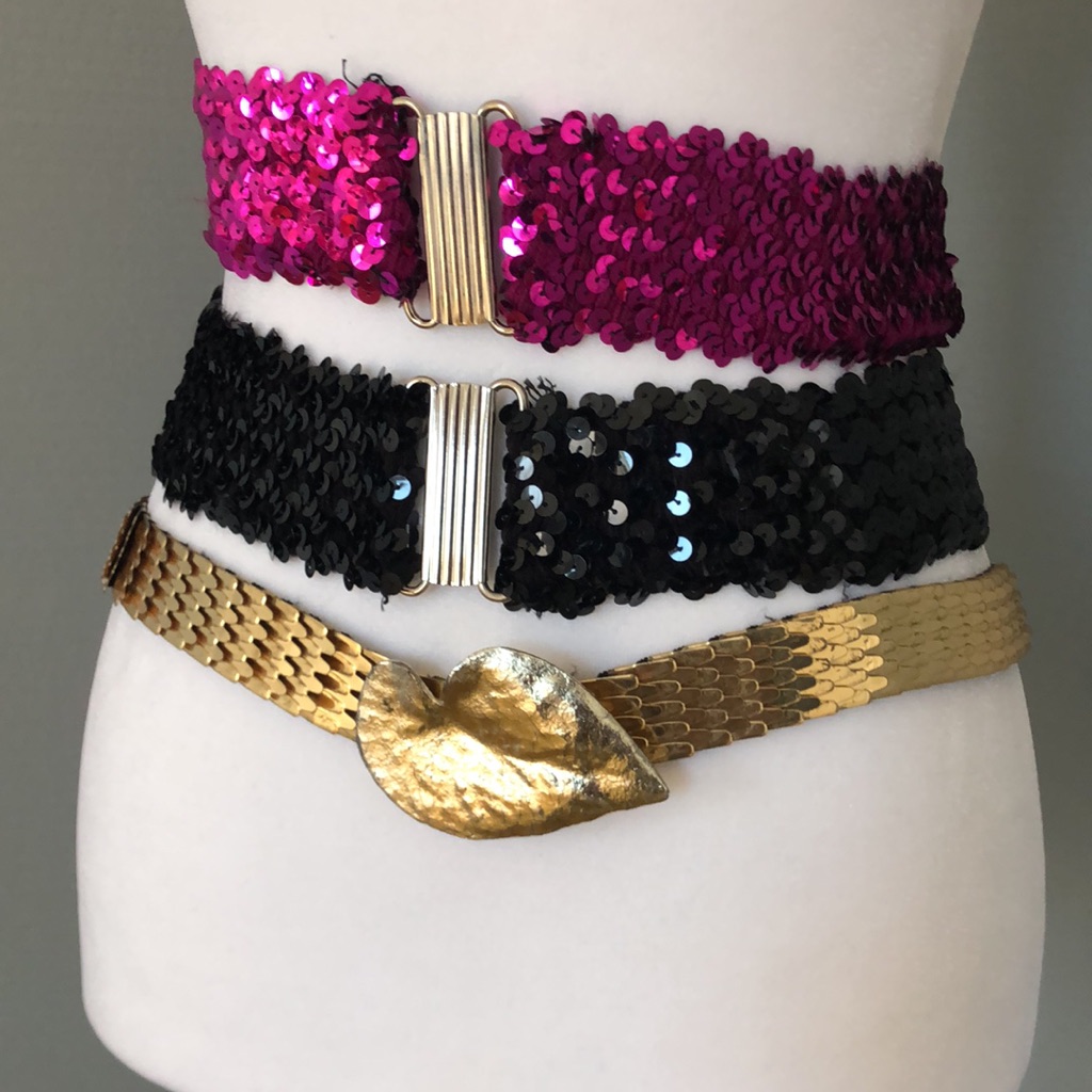 Three 1980’s Sparkly Elastic Based Sequin And Plated Metal Decorative Belts.